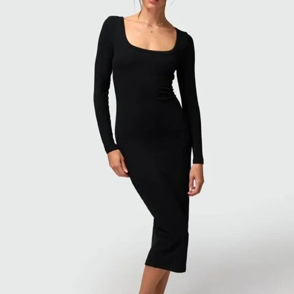 Spiritual Gangster Women Luly Slim‎ Rib Midi Dress  Sz XL Black Long Sleeve